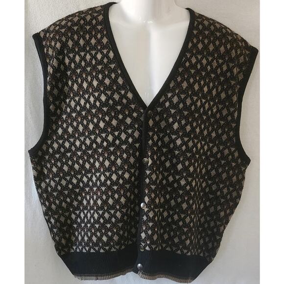 Florence Tricot Italian Vtg Brown, Black & Tan Geometric Wool Blend Vest Mens XL - Picture 1 of 9